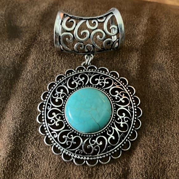 Boho ( #2) faux turquoise large pendant. On scarf ring. - Picture 1 of 3